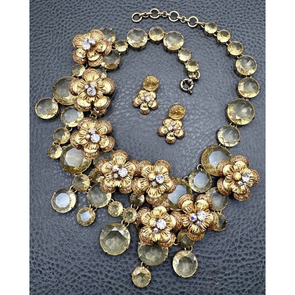 J. Crew Flowers Asymmetrical Runway Bib Necklace Earrings Set Vintage Revival
